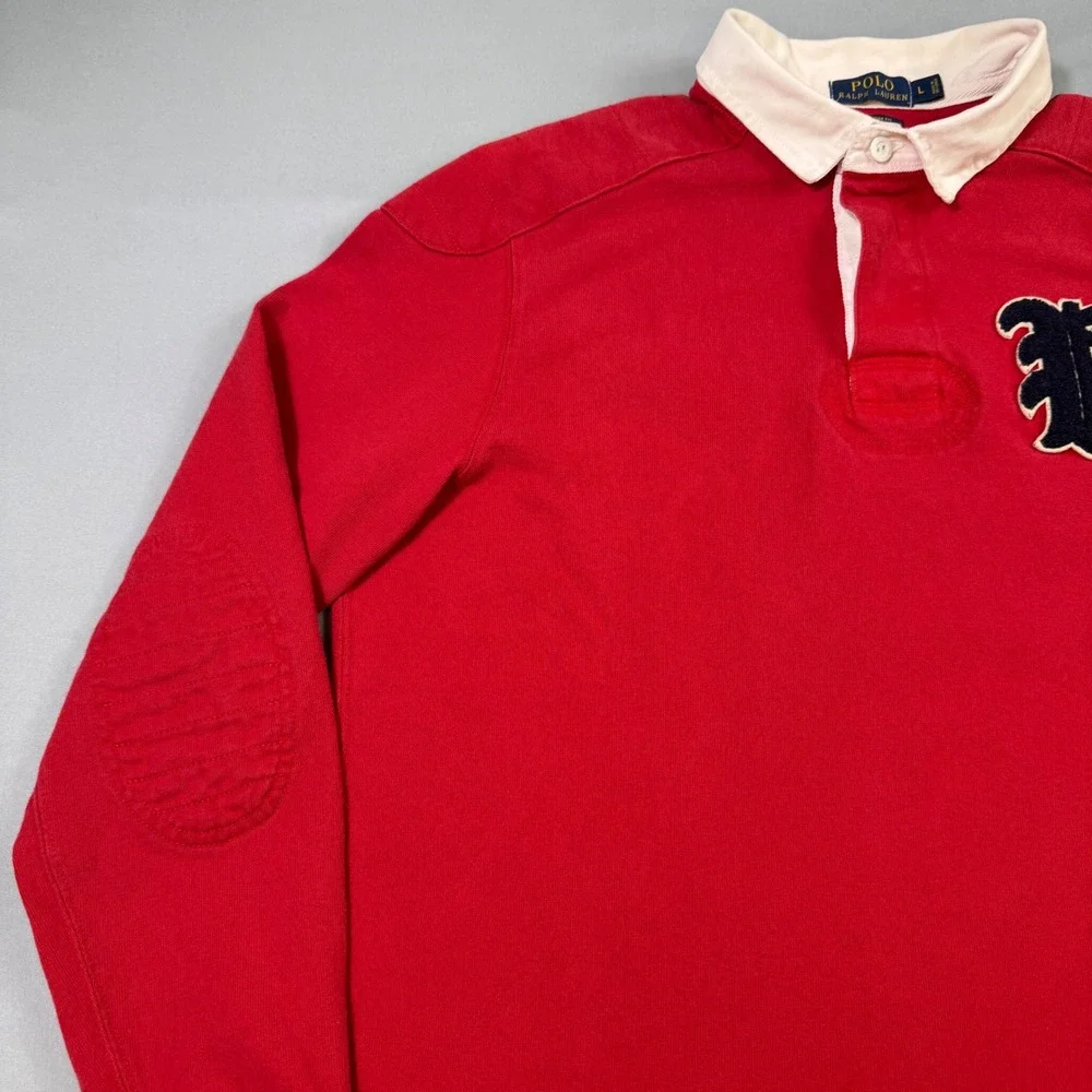 Polo Ralph Lauren Rugby Shirt Mens Large Red Custom Fit 67 Patch Long Sleeve